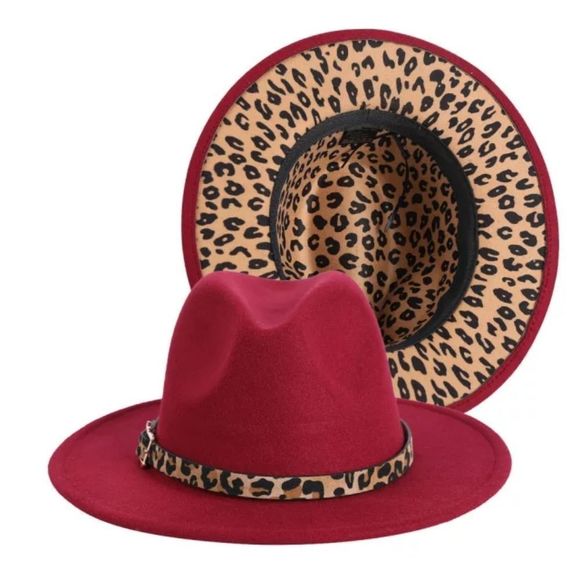 Accessories - Burgundy Fedora Hat with Animal Print base